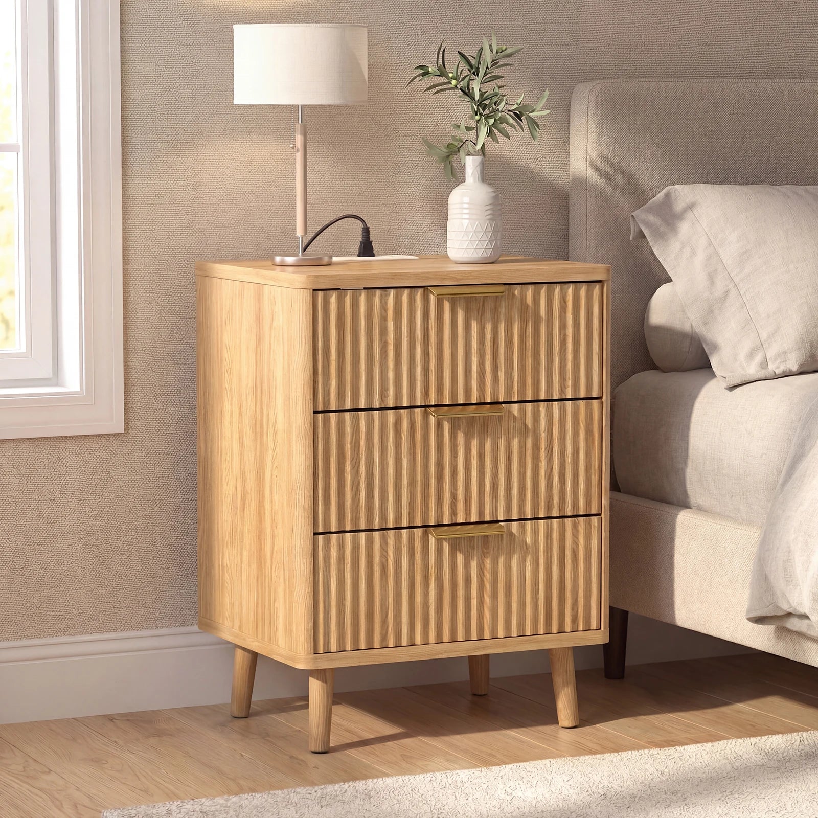 Set of 2 Wood Fluted Nightstand