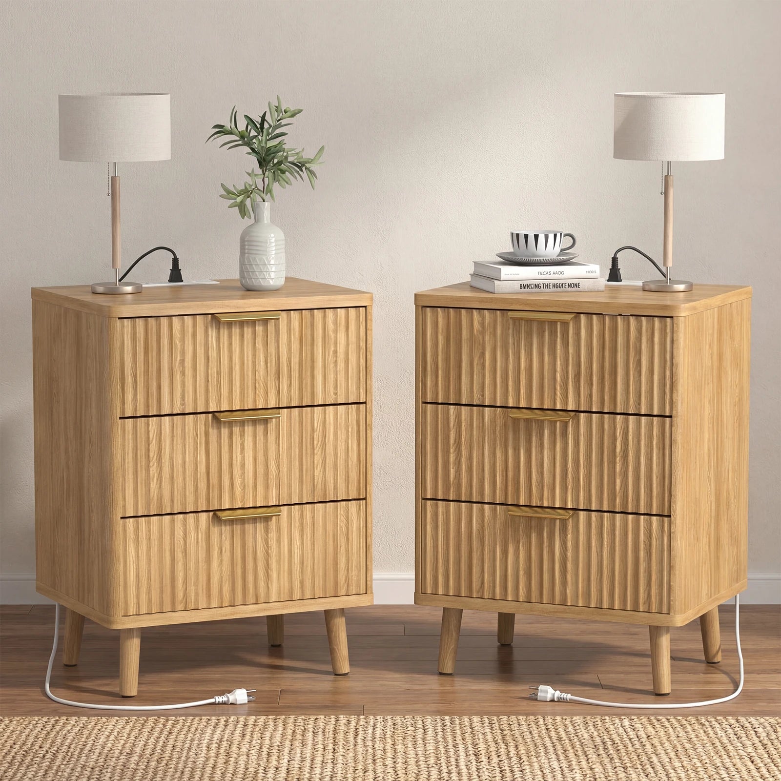 Set of 2 Wood Fluted Nightstand