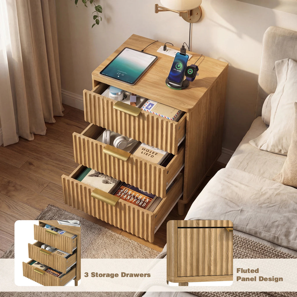 Set of 2 Wood Fluted Nightstand