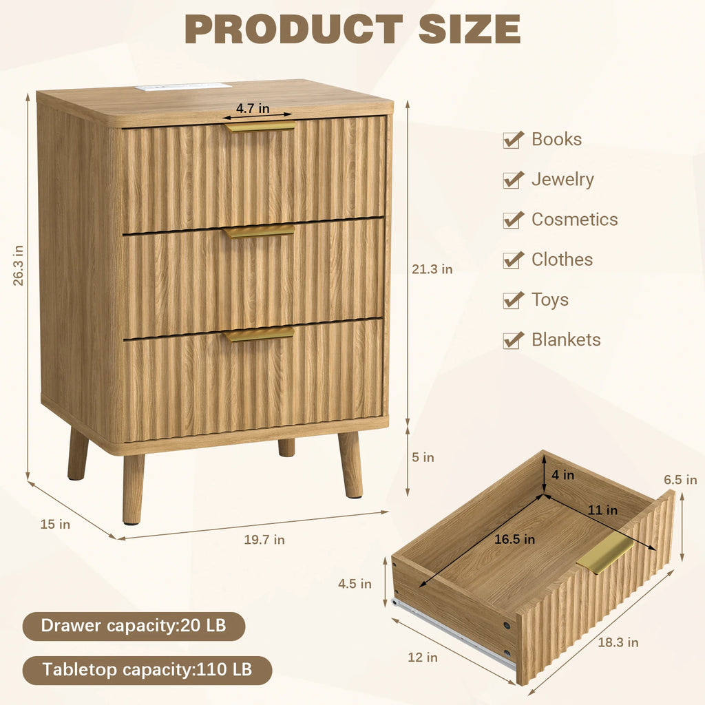 Set of 2 Wood Fluted Nightstand