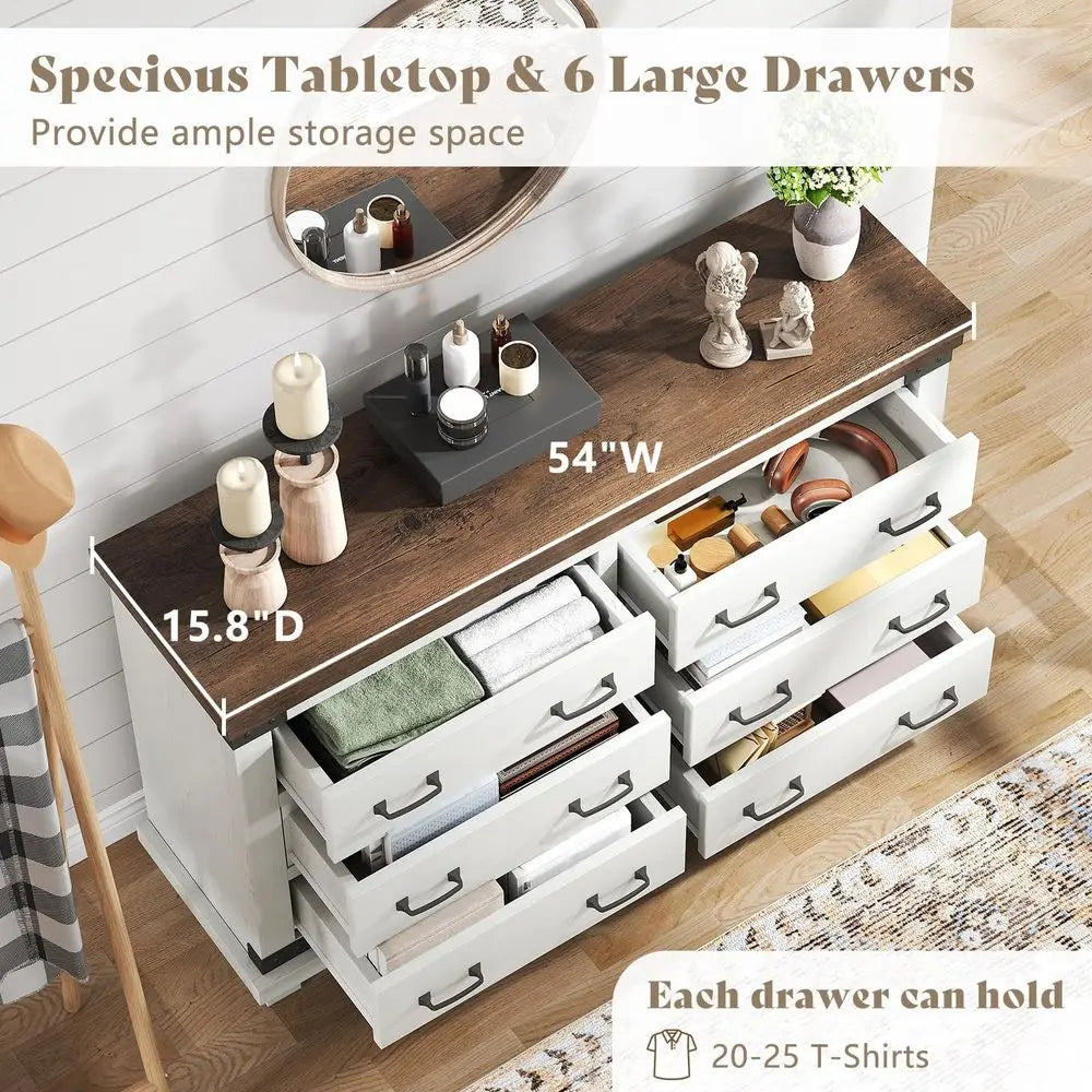 Farmhouse 6 Drawer Wide Dresser for Bedroom