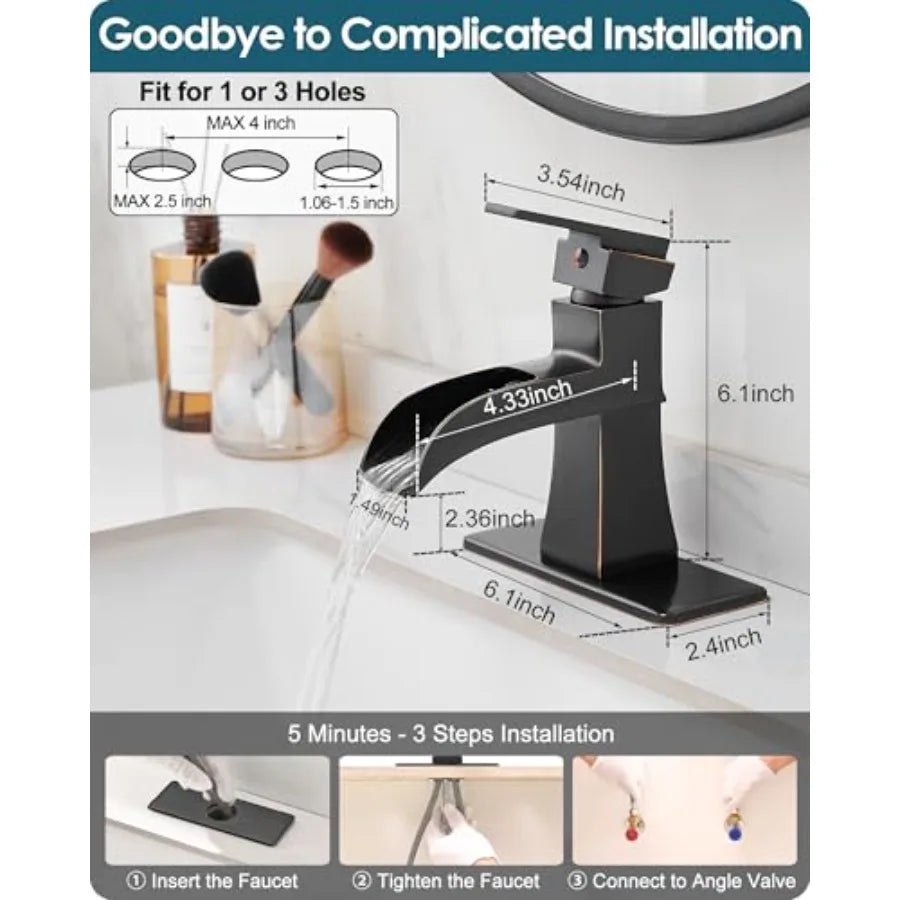 Bathroom Faucet, 1 Hole or 3 Hole Mount