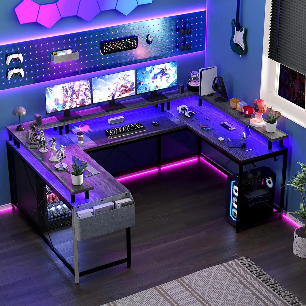 Gaming Desk with Monitor Stand and Storage Shelves
