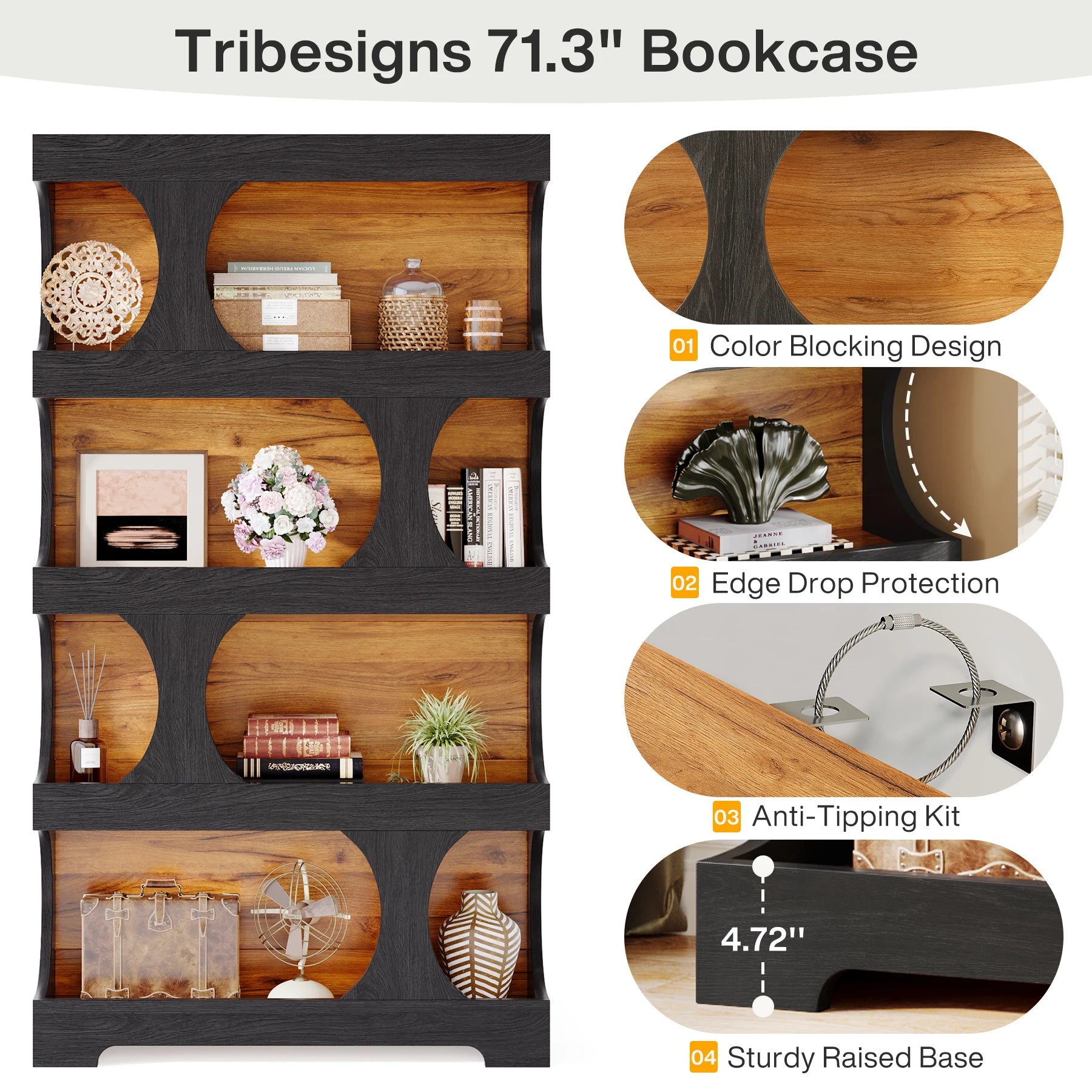 71" Tall 4 Tier Wood Bookcase