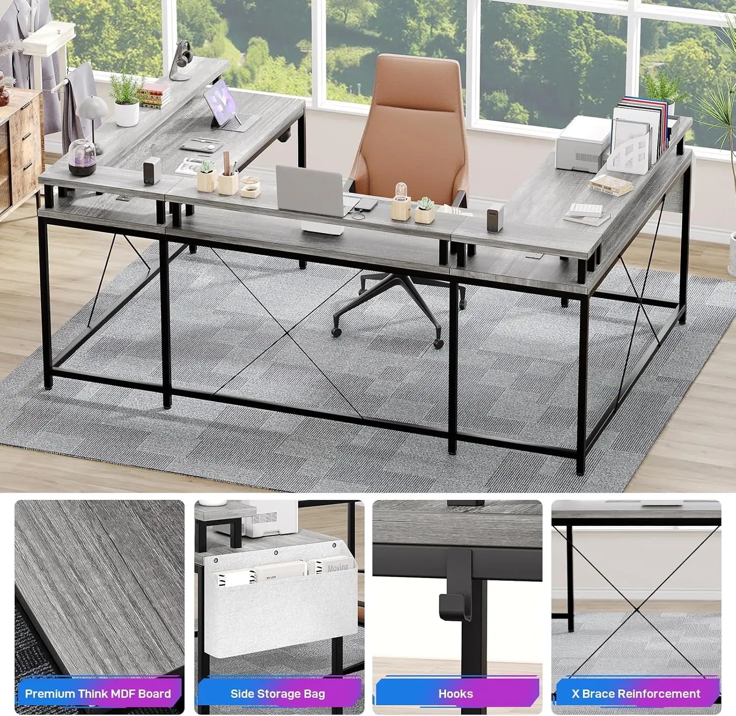 Gaming Desk with Monitor Stand and Storage Shelves
