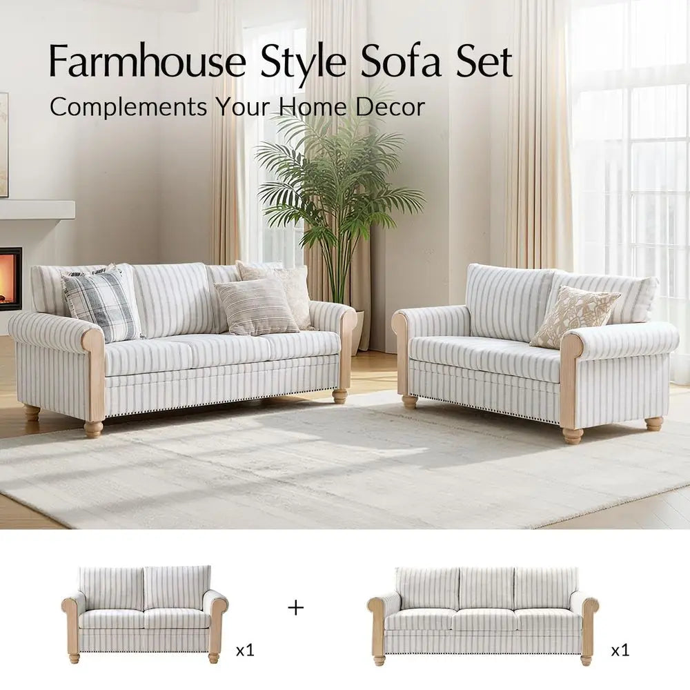 81" Farmhouse Couch with Stripe Pattern