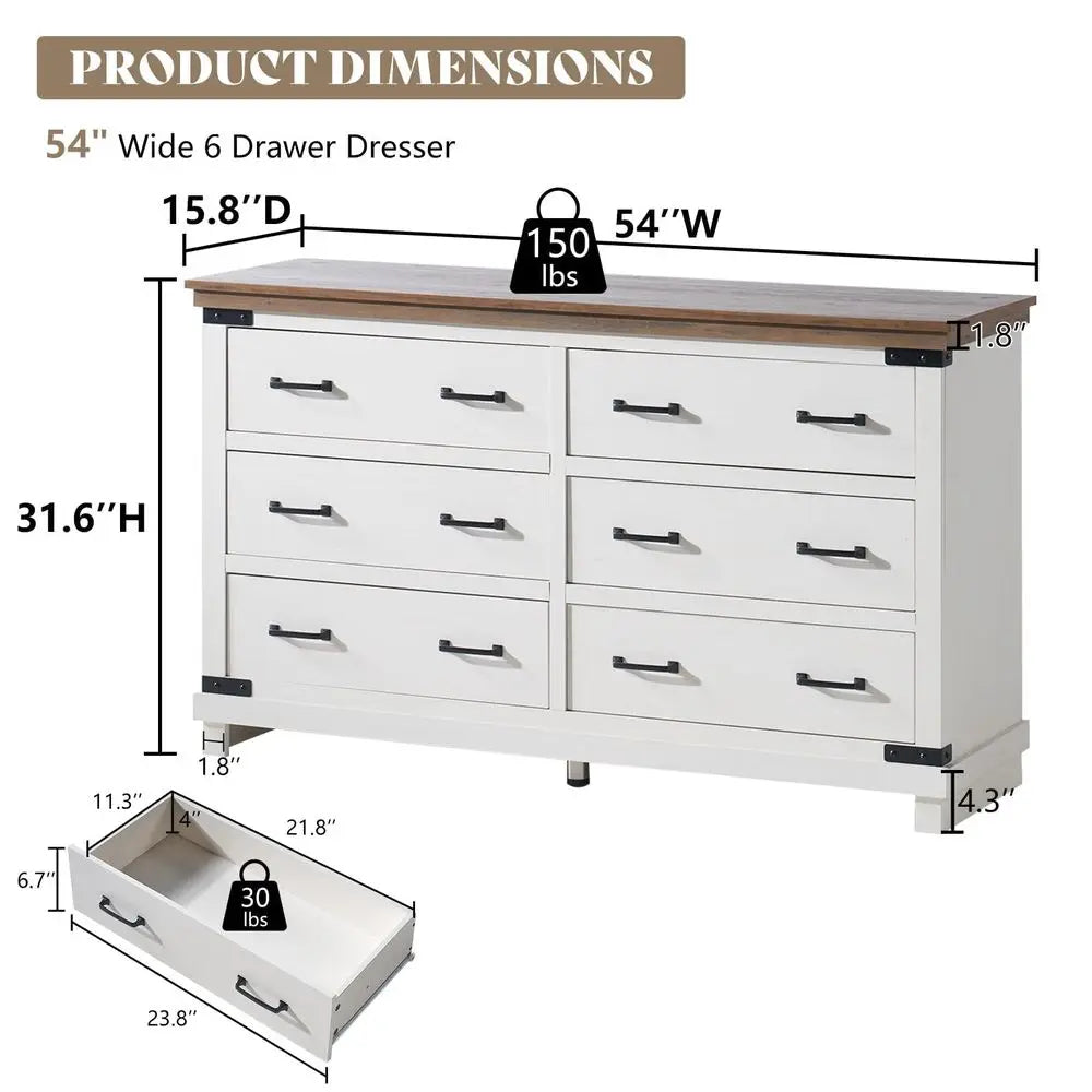 Farmhouse 6 Drawer Wide Dresser for Bedroom