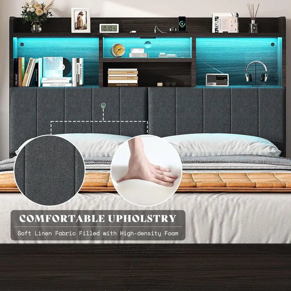 King Size Bed Frame with 51.2 Tall Bookcase Headboard