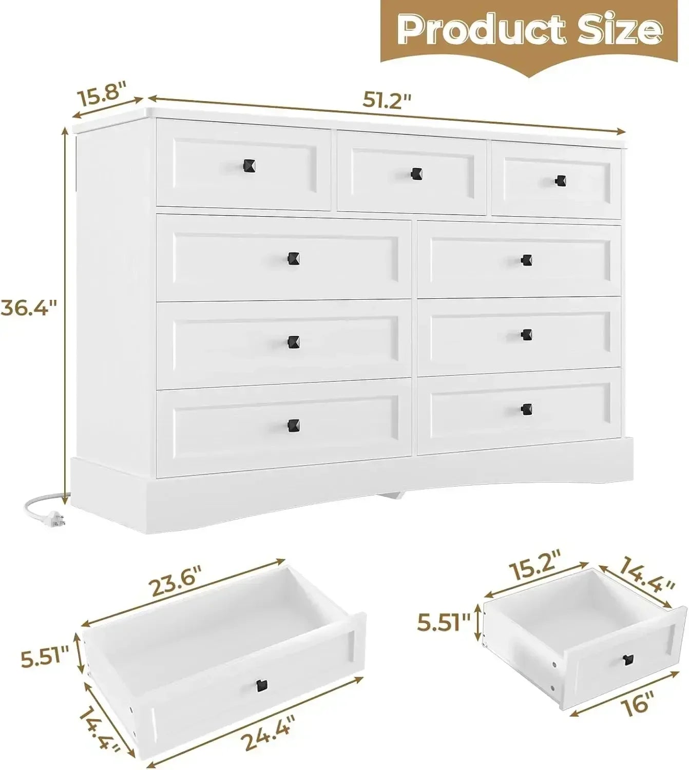 White Farmhouse Bedroom Dresser, 51.2"