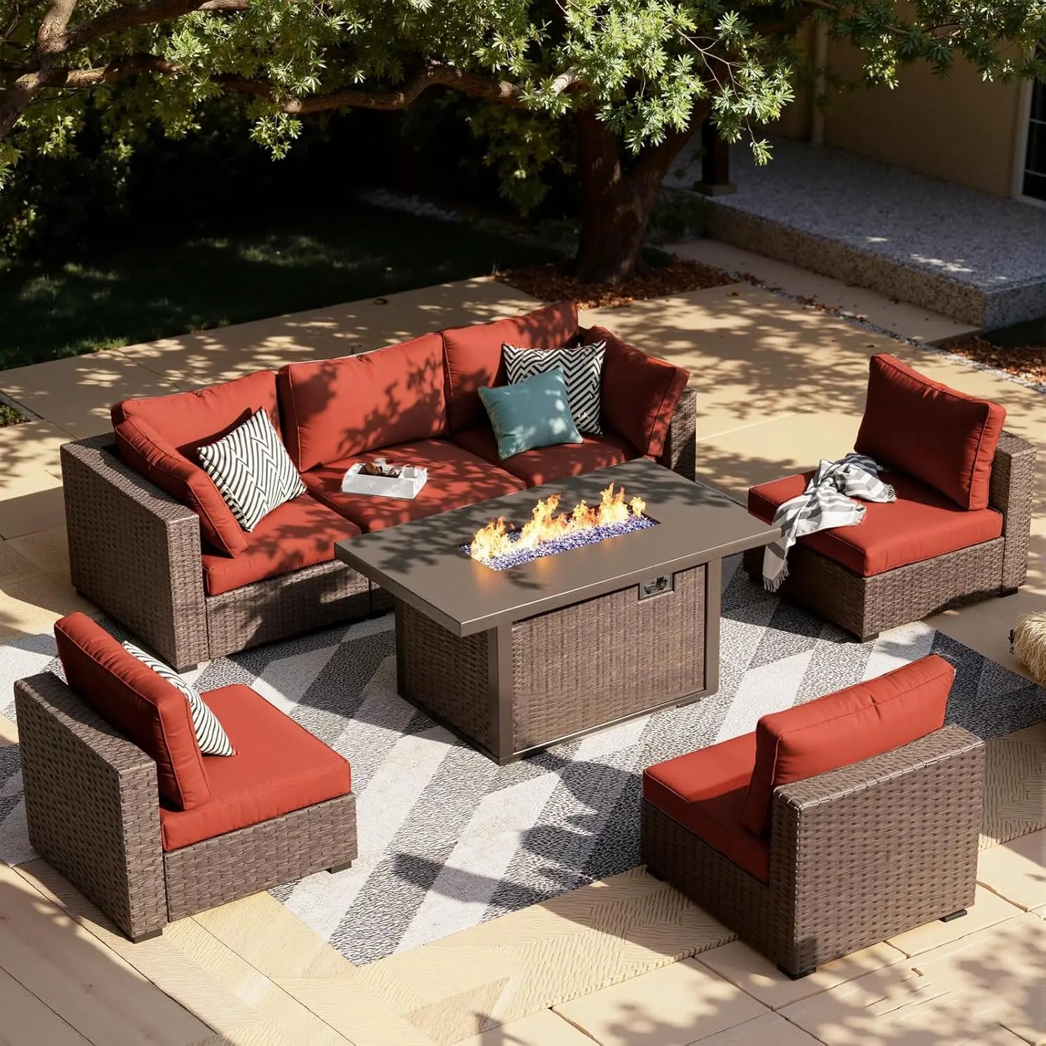 7-Pieces Patio Furniture Set With Firepit Table