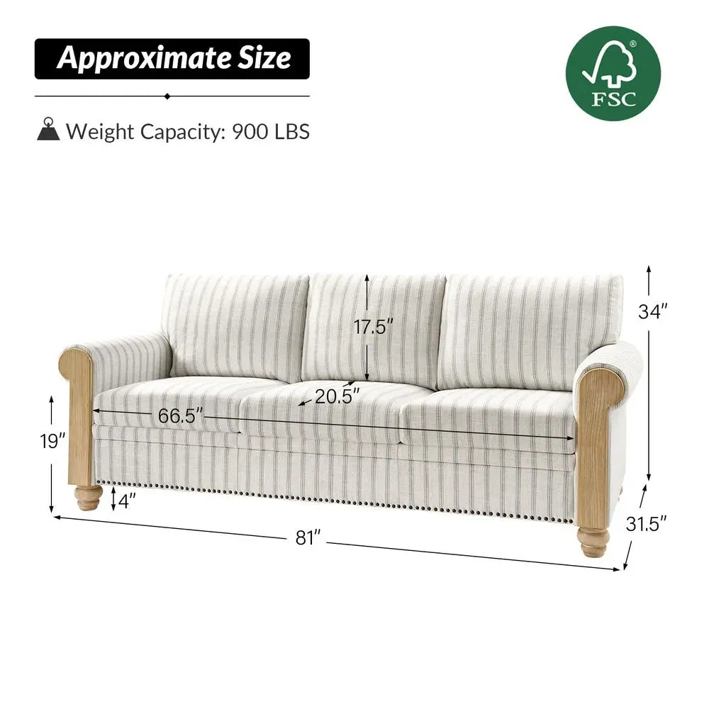 81" Farmhouse Couch with Stripe Pattern
