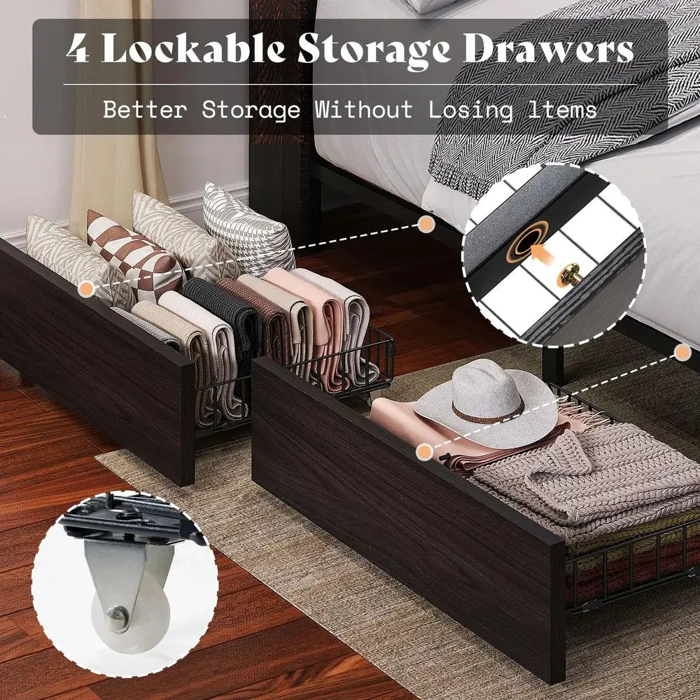 King Size Bed Frame with 51.2 Tall Bookcase Headboard