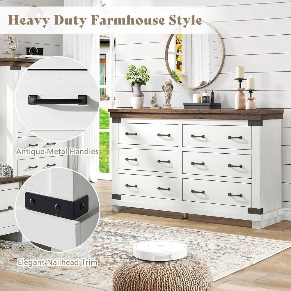 Farmhouse 6 Drawer Wide Dresser for Bedroom
