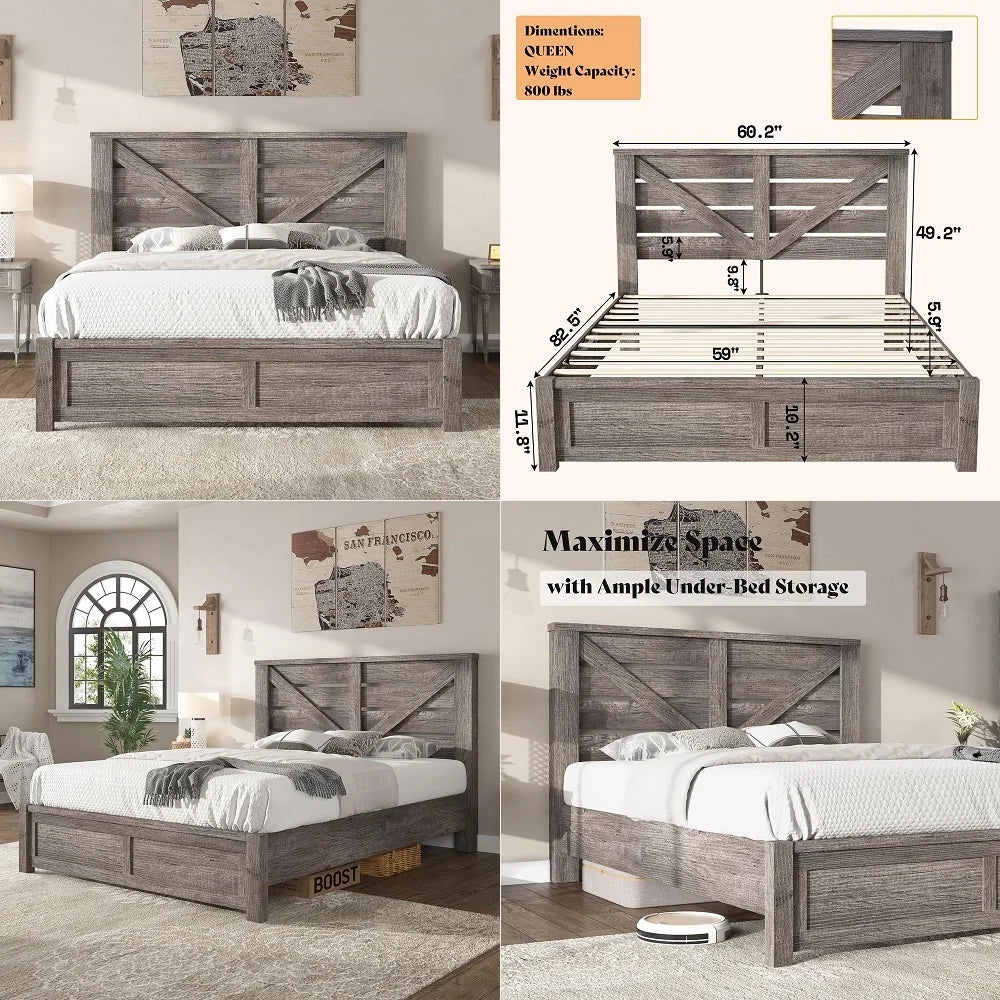 Queen Size Bed Frame with 49.2 Barn Door Headboard