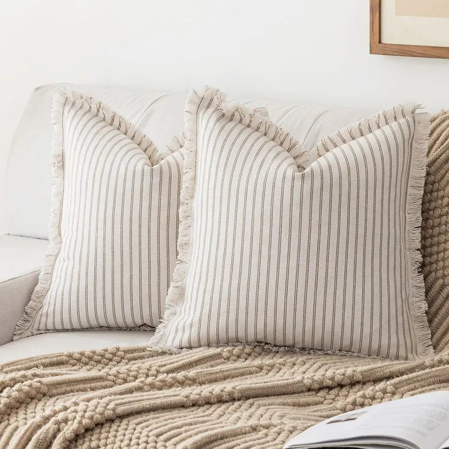 Pillow Covers 26x26 Set of 2 Striped, Fringed
