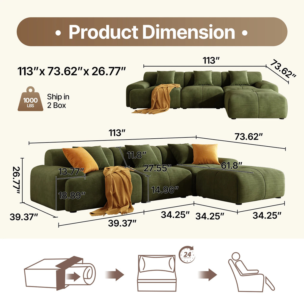 113" Modern L-Shaped Modular Sectional Sofa