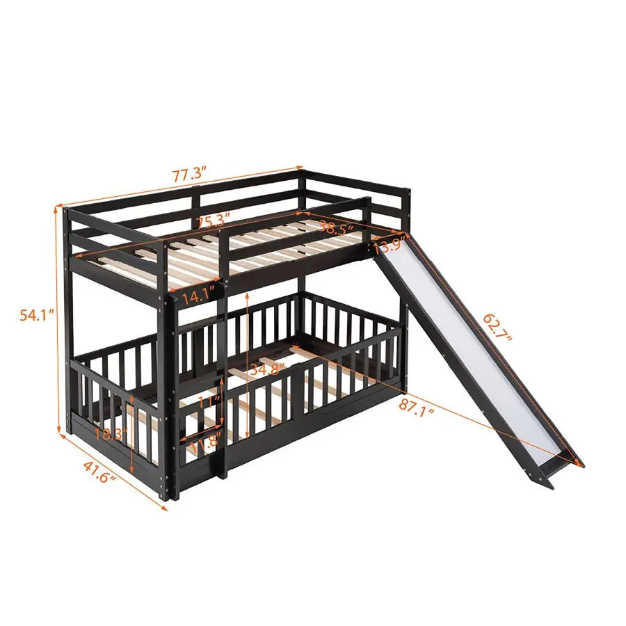 Wooden Twin Over Twin Bunk Bed with Ladder and Slide