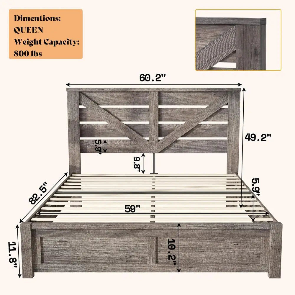 Queen Size Bed Frame with 49.2 Barn Door Headboard