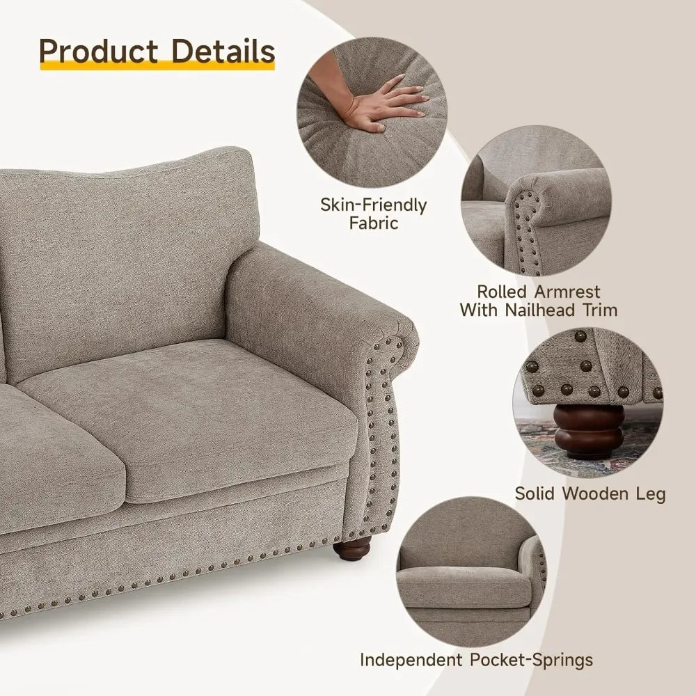 66 Inch Vintage Chenille Sofa with Rolled Arms