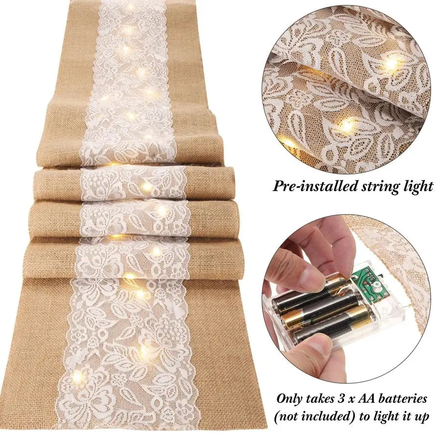 6 Pack Burlap Table Runner with LED String Lights