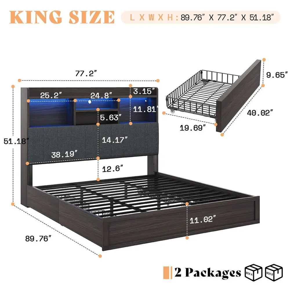 King Size Bed Frame with 51.2 Tall Bookcase Headboard