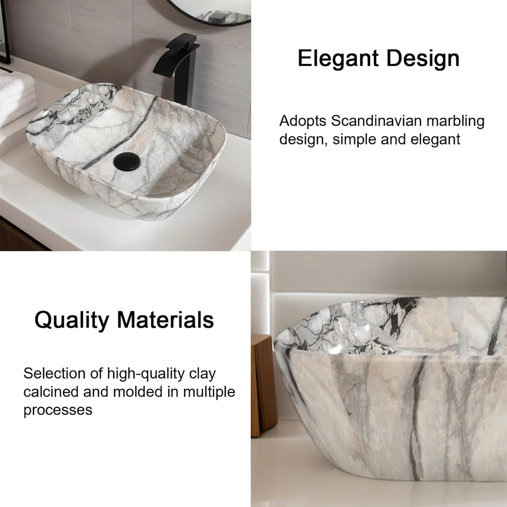 Ceramic Bathroom Vessel Sink with Black Faucet