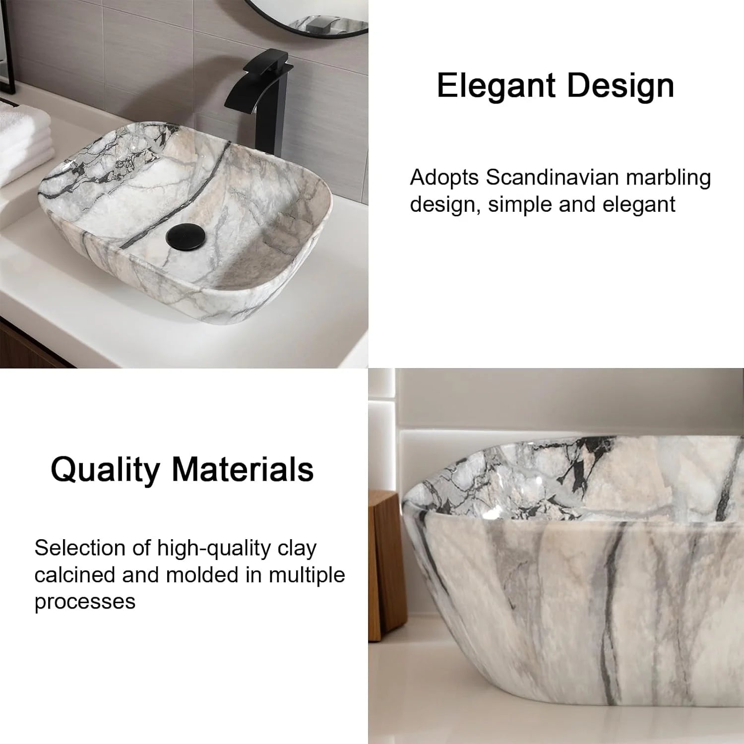 Ceramic Bathroom Vessel Sink with Black Faucet