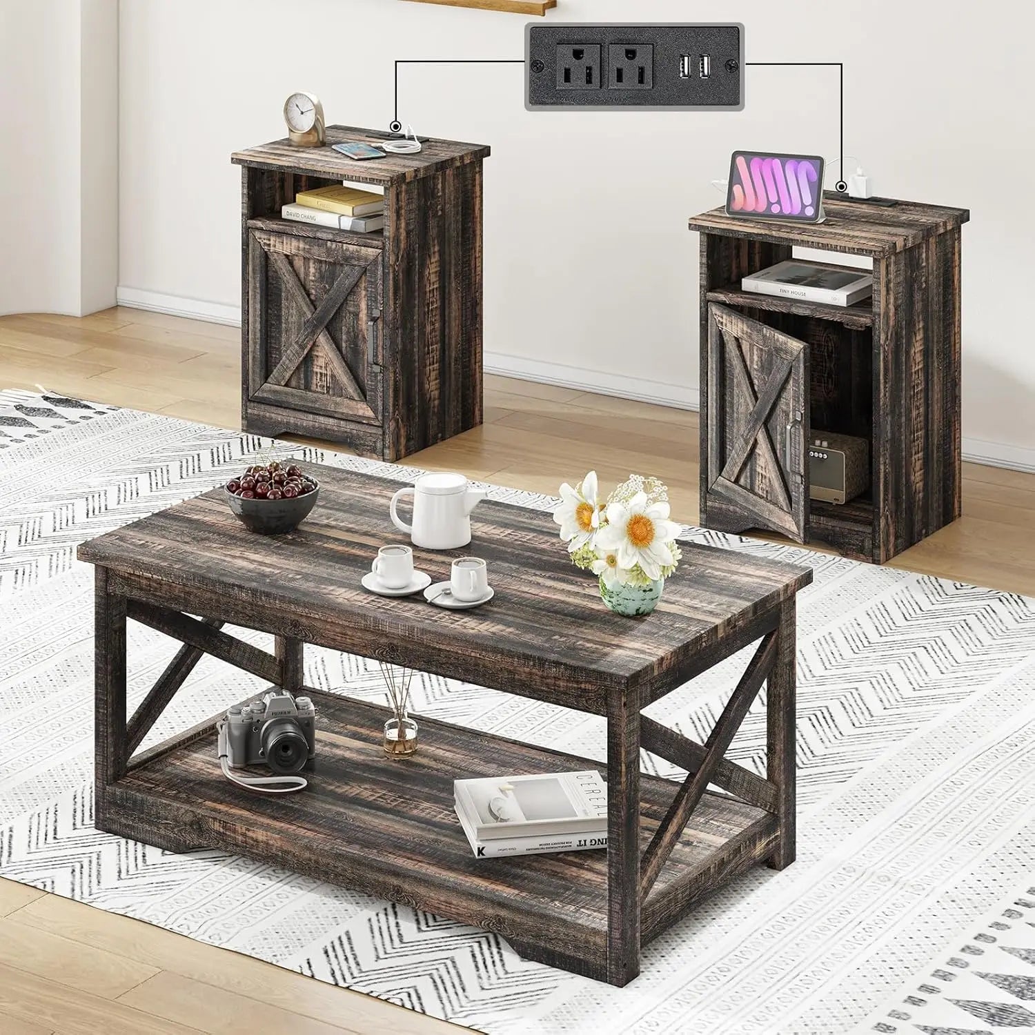 3-Piece Farmhouse Coffee & End Table Set