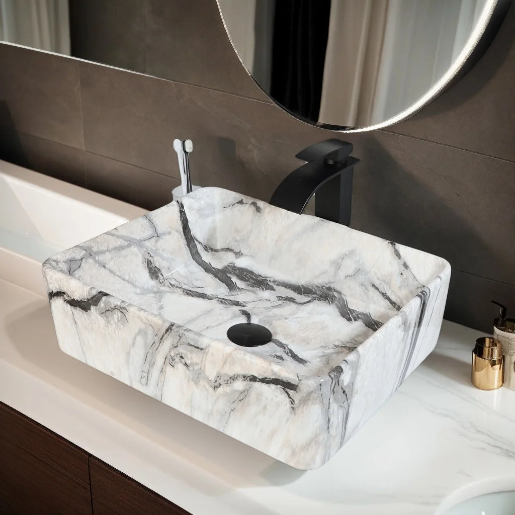 Ceramic Bathroom Vessel Sink with Black Faucet