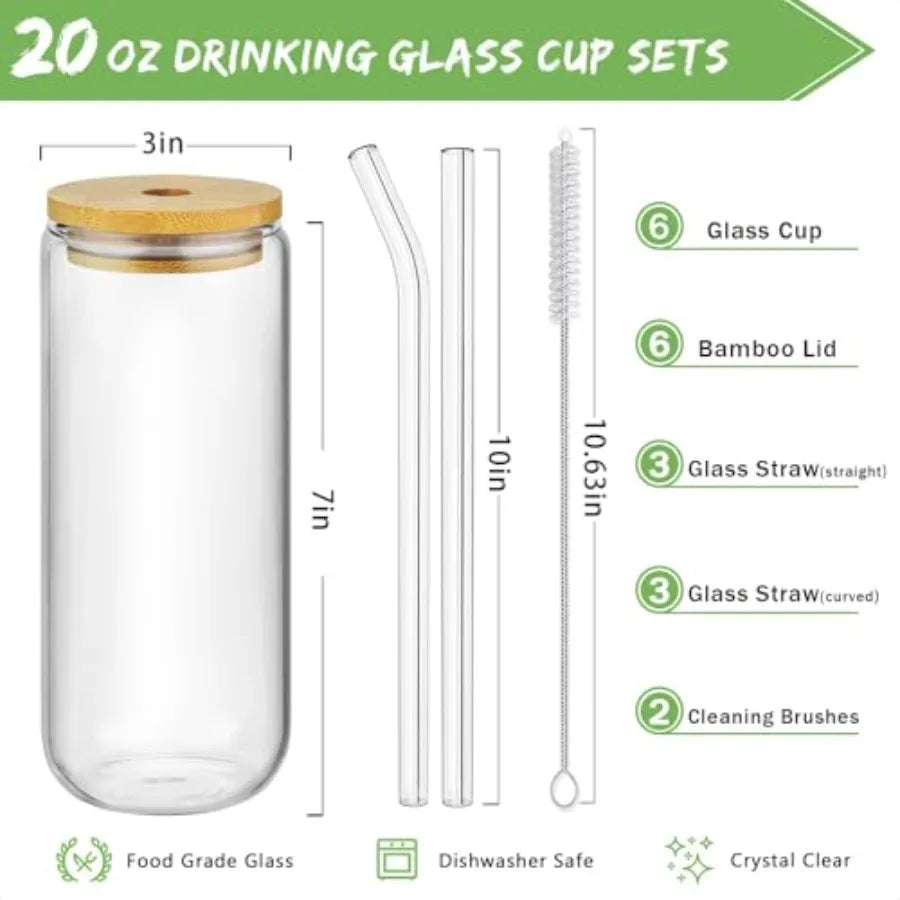 20 Oz Drinking Glasses with Bamboo Lids 6 Pcs