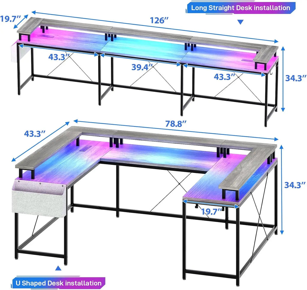 Gaming Desk with Monitor Stand and Storage Shelves