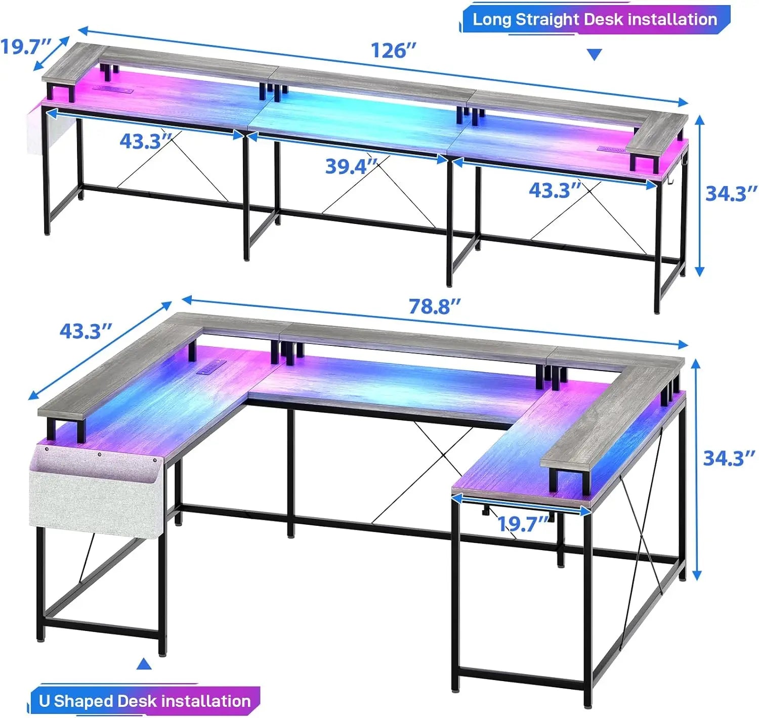 Gaming Desk with Monitor Stand and Storage Shelves