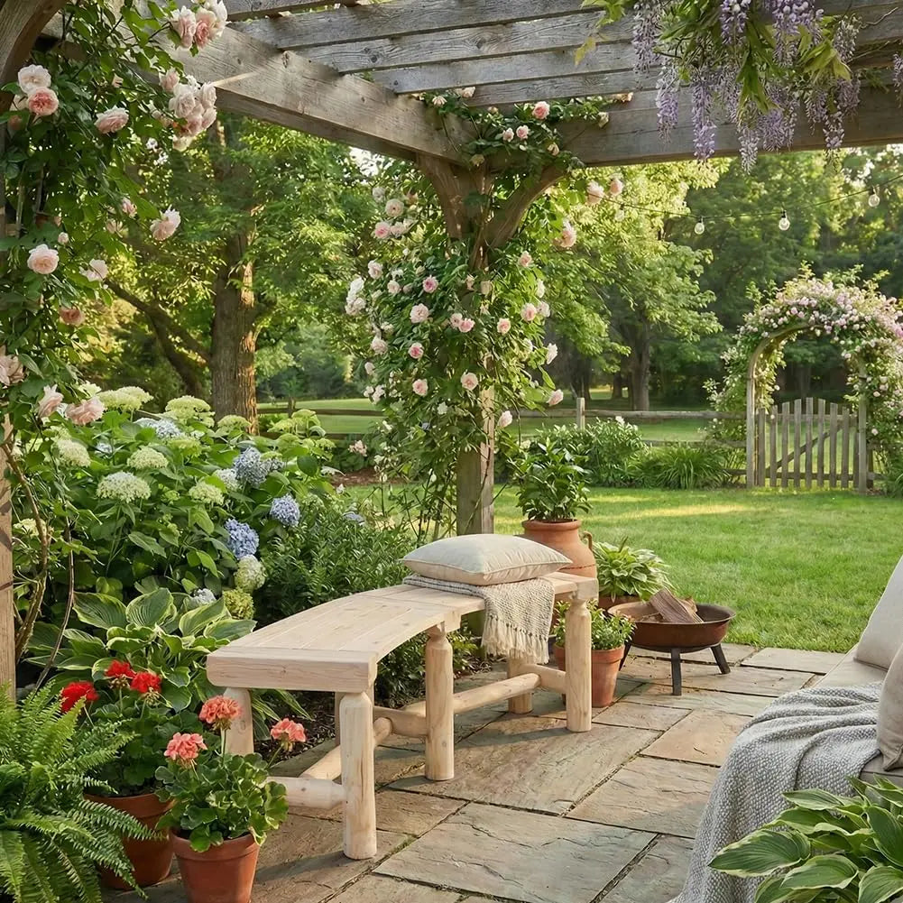 Outdoor Wooden Curved Backless Bench