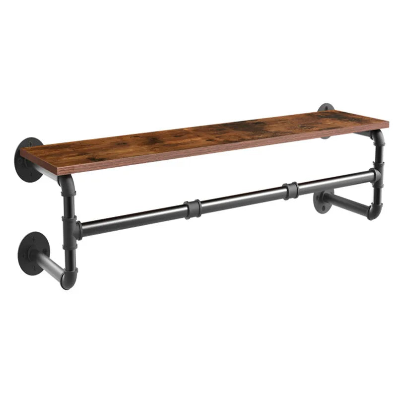 Industrial Pipe Hanging Rack with Wood Shelf Wall Mounted