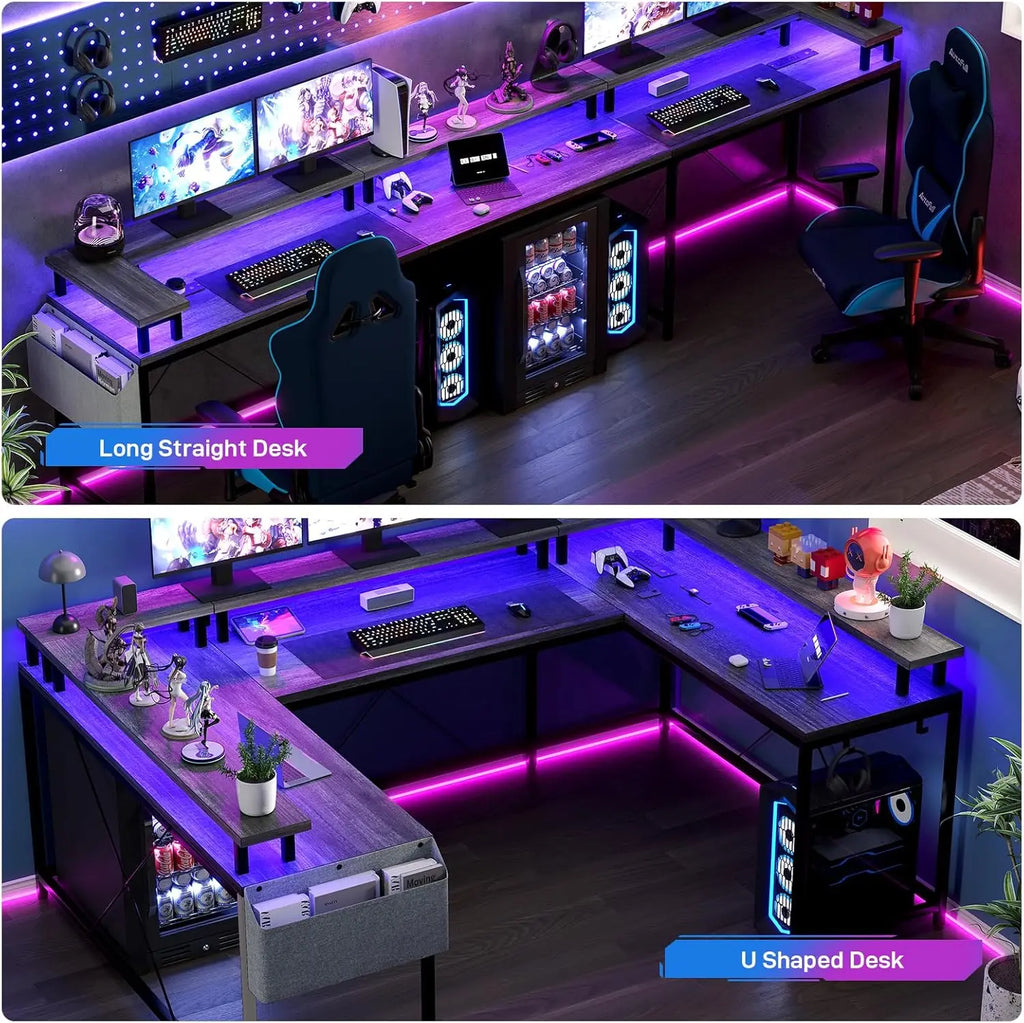 Gaming Desk with Monitor Stand and Storage Shelves