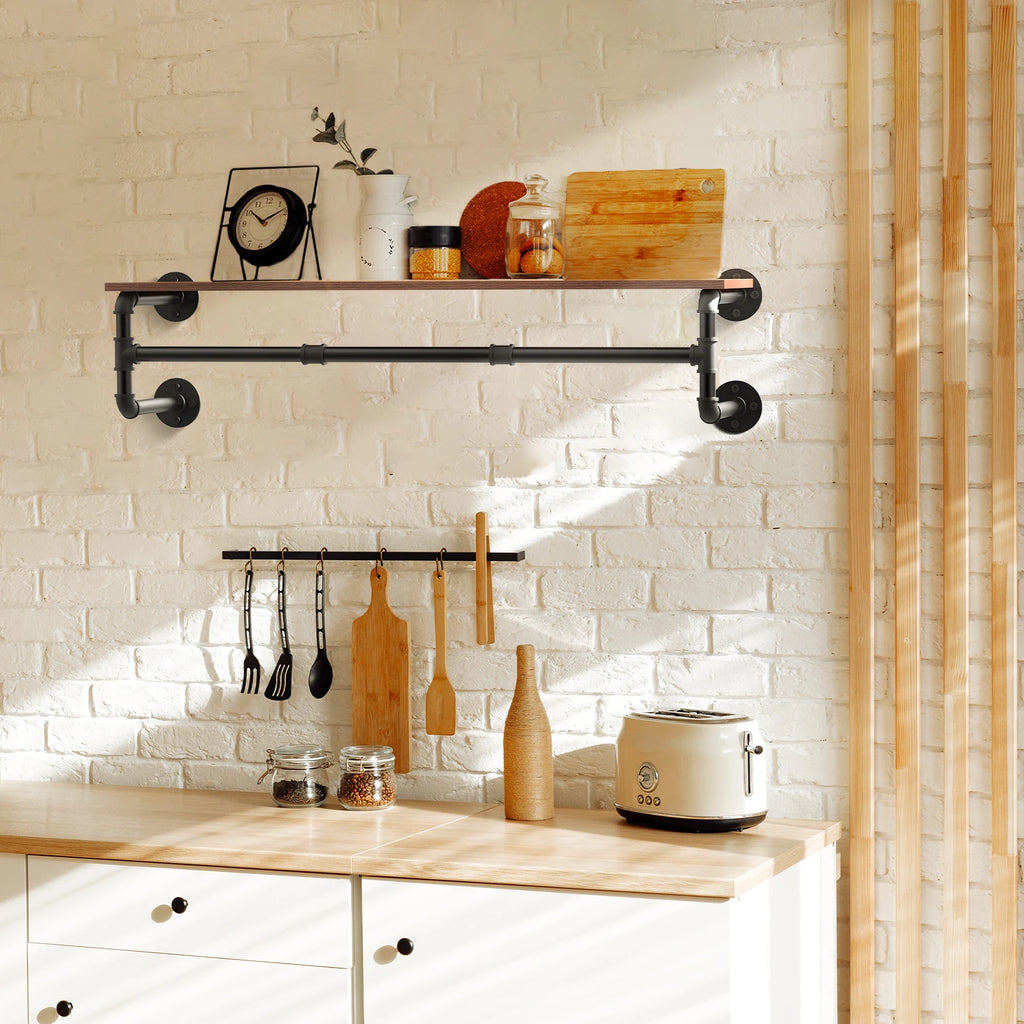 Industrial Pipe Hanging Rack with Wood Shelf Wall Mounted