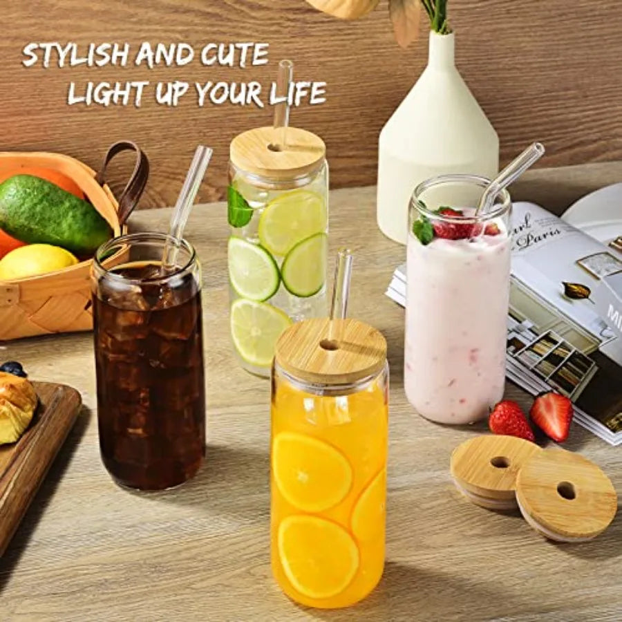 20 Oz Drinking Glasses with Bamboo Lids 6 Pcs