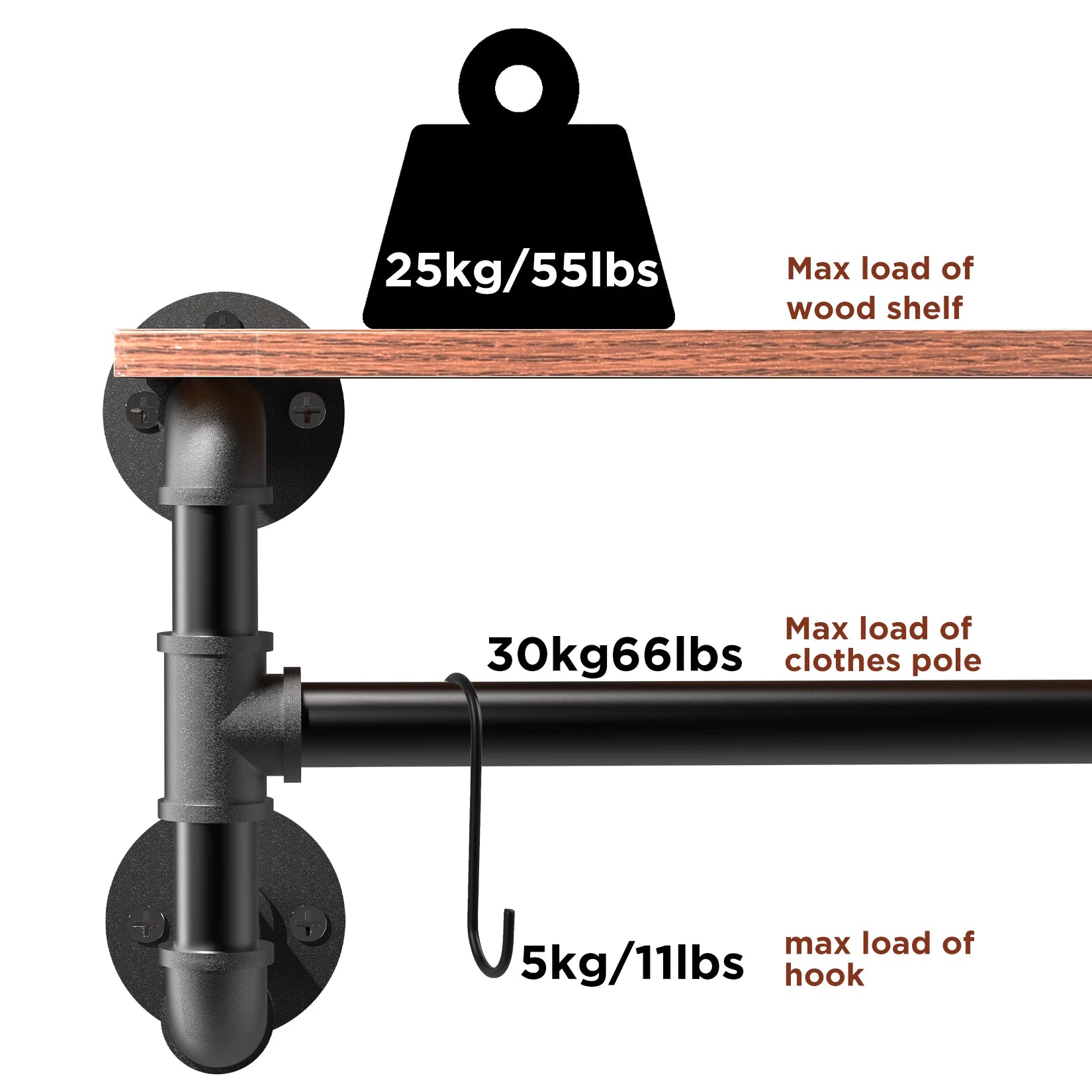 Industrial Pipe Hanging Rack with Wood Shelf Wall Mounted