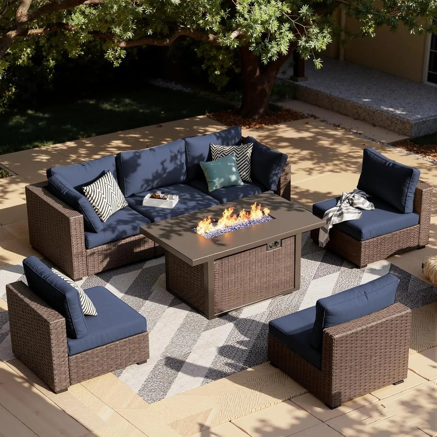 7-Pieces Patio Furniture Set With Firepit Table