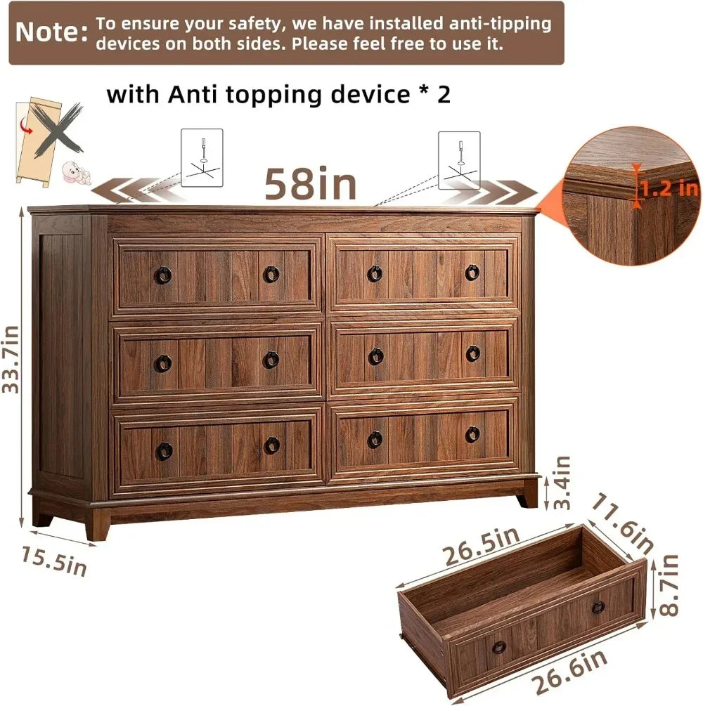 Farmhouse 54" Wood Dresser, 6 Drawers