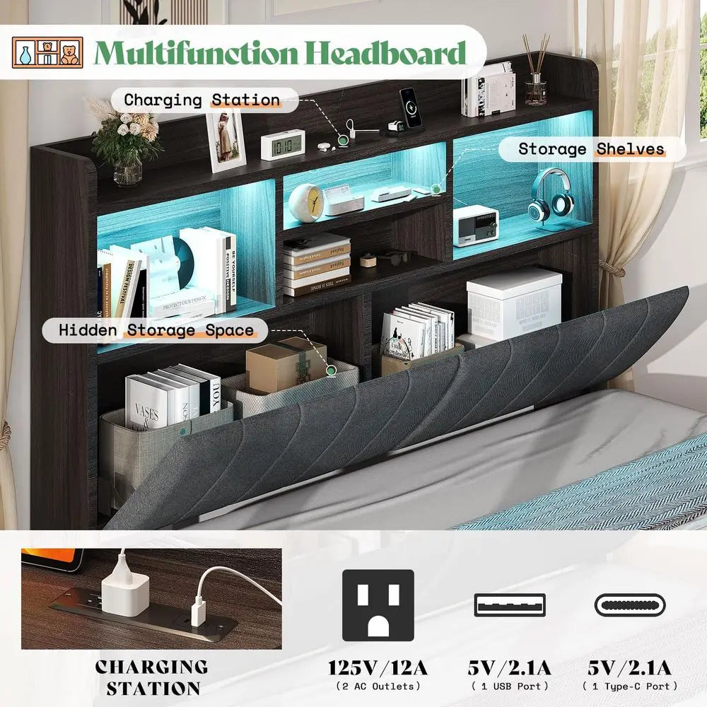 King Size Bed Frame with 51.2 Tall Bookcase Headboard
