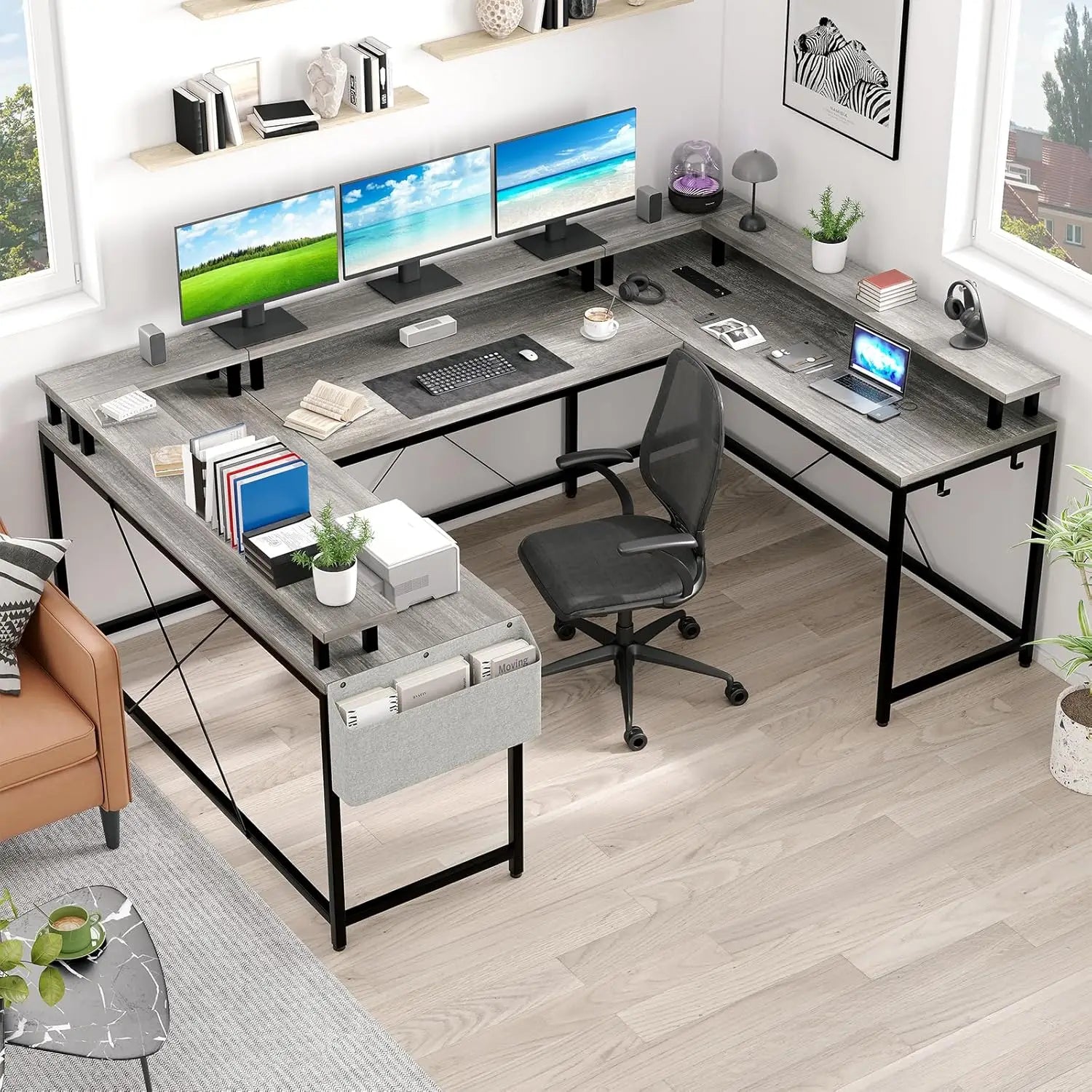 Gaming Desk with Monitor Stand and Storage Shelves