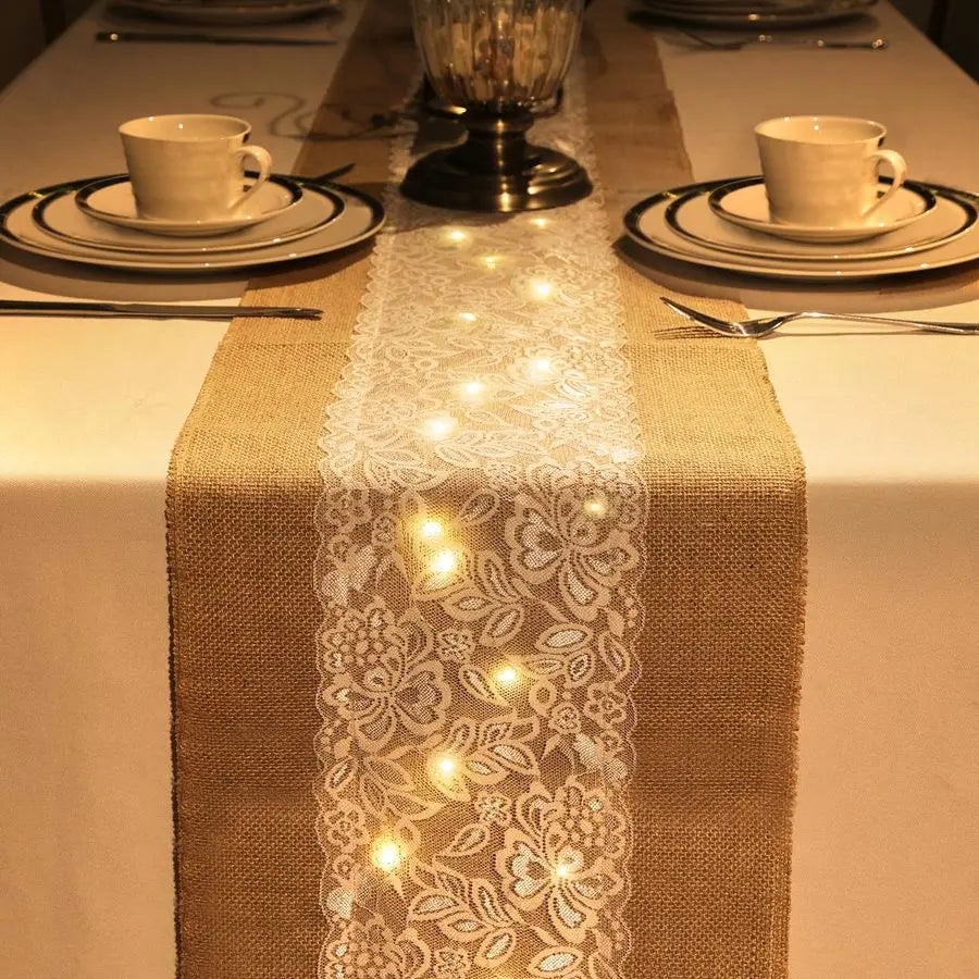 6 Pack Burlap Table Runner with LED String Lights