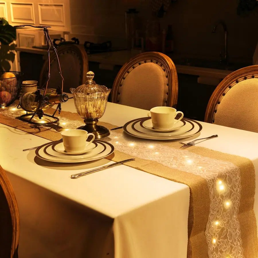 6 Pack Burlap Table Runner with LED String Lights