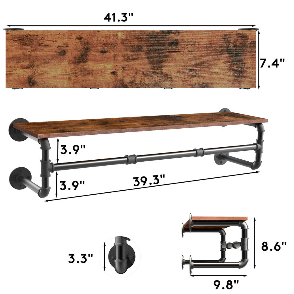 Industrial Pipe Hanging Rack with Wood Shelf Wall Mounted