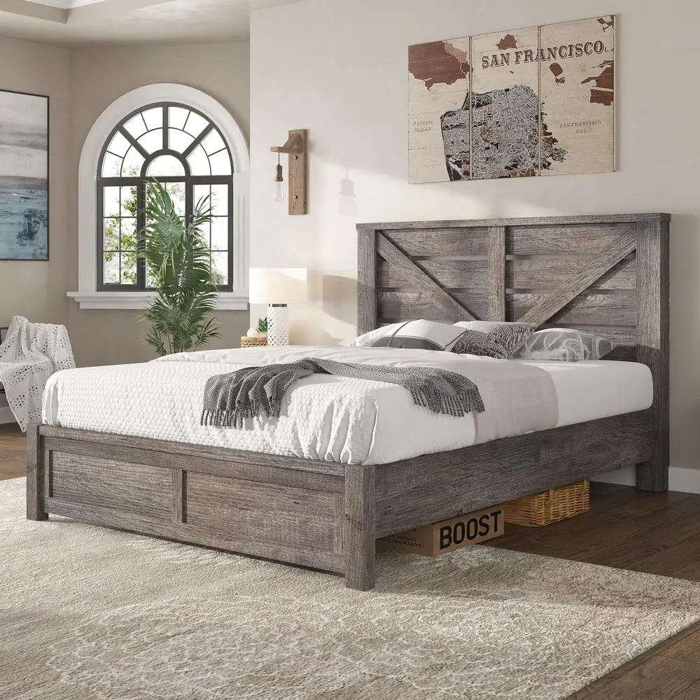 Queen Size Bed Frame with 49.2 Barn Door Headboard