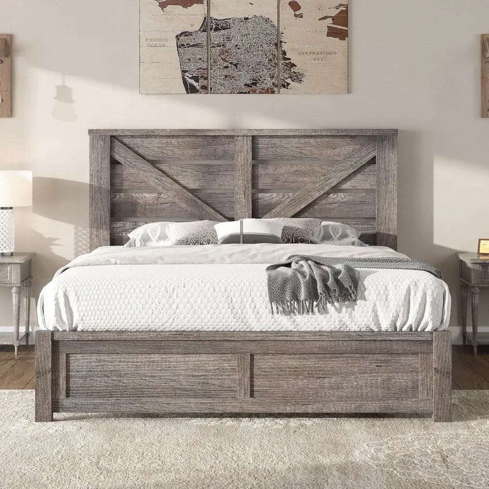 Queen Size Bed Frame with 49.2 Barn Door Headboard