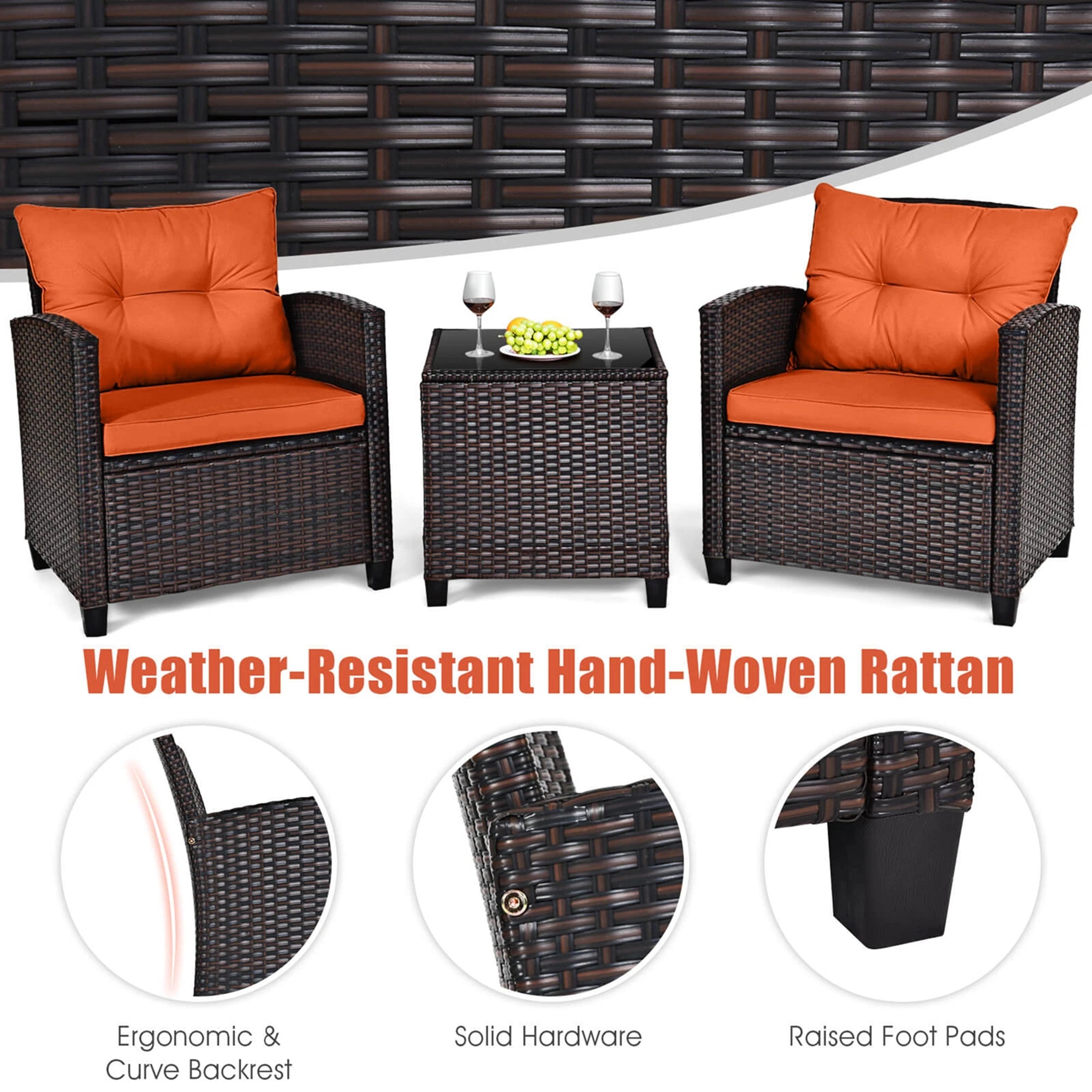 3 PCS Patio Rattan Furniture Set