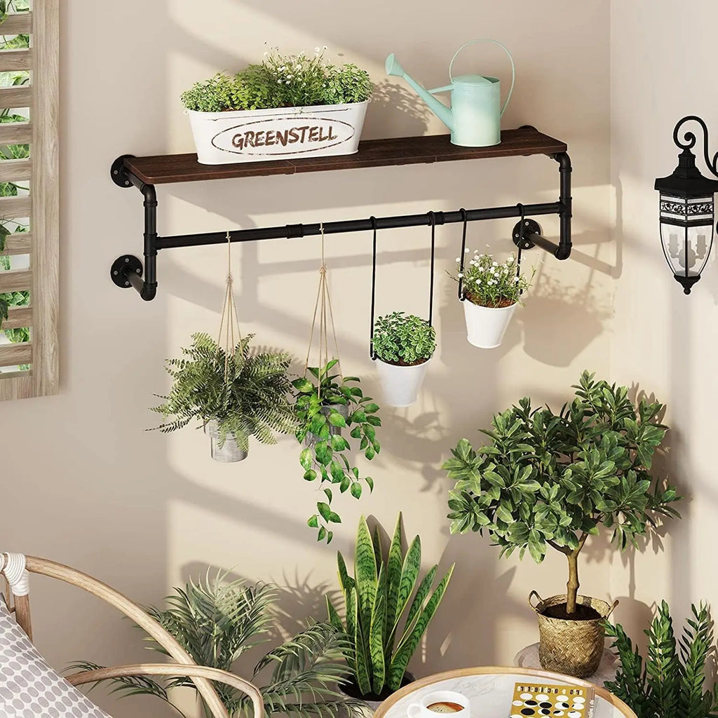 Industrial Pipe Hanging Rack with Wood Shelf Wall Mounted