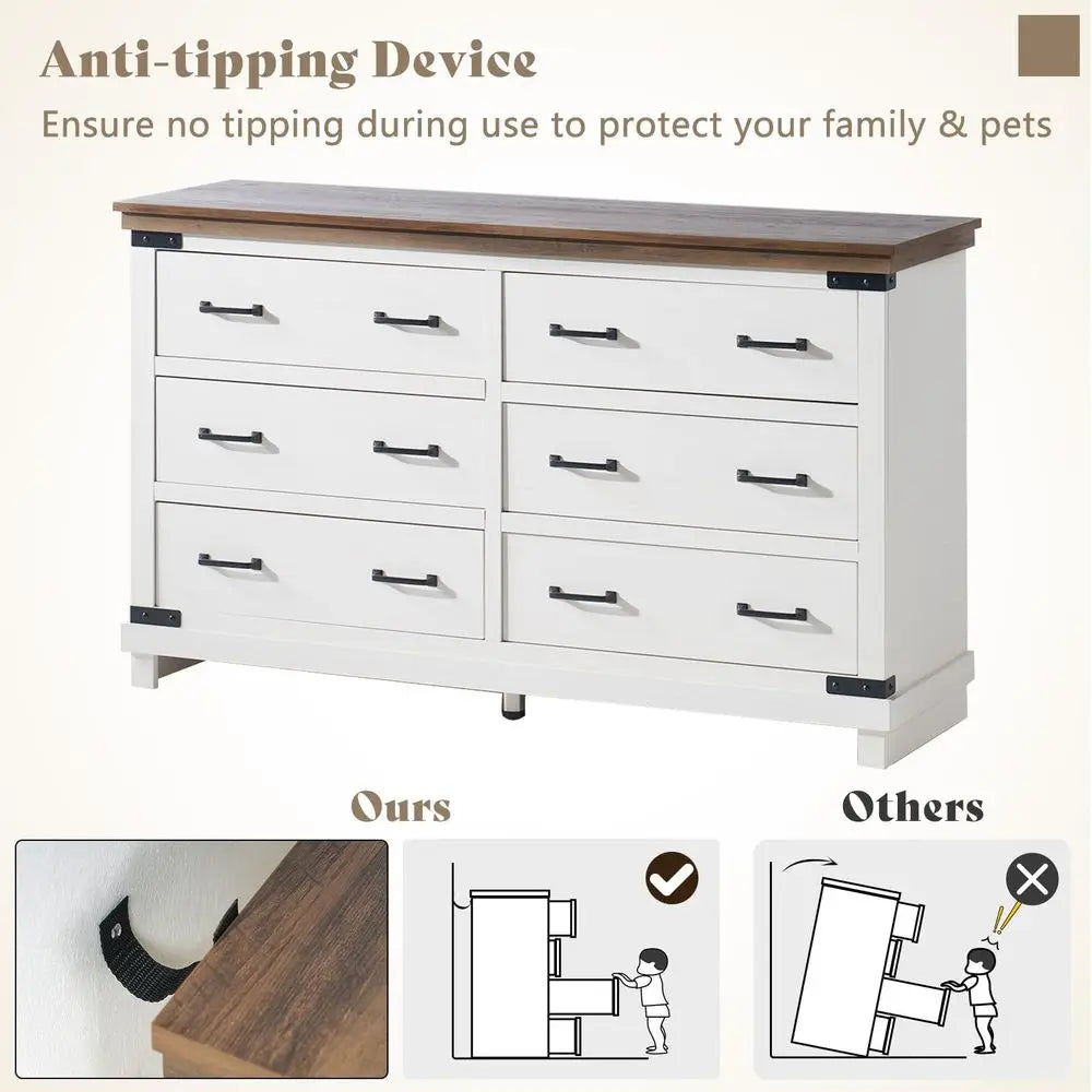 Farmhouse 6 Drawer Wide Dresser for Bedroom
